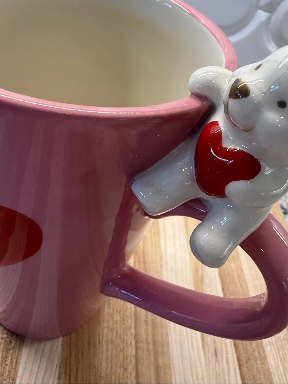 Valentine's Pink Ceramic Heart Mug with White Bear Handle 16oz
